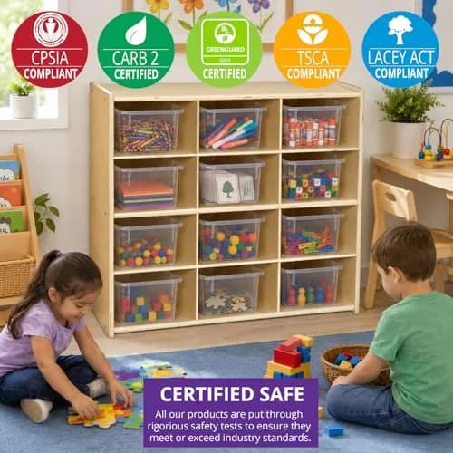 Contender 12 Compartment Storage Unit with Translucent Bins | Classroom Cubby Organizer for Kids, Hardwood Cubby Shelf, Toy & Art Supplies thumbnail 3