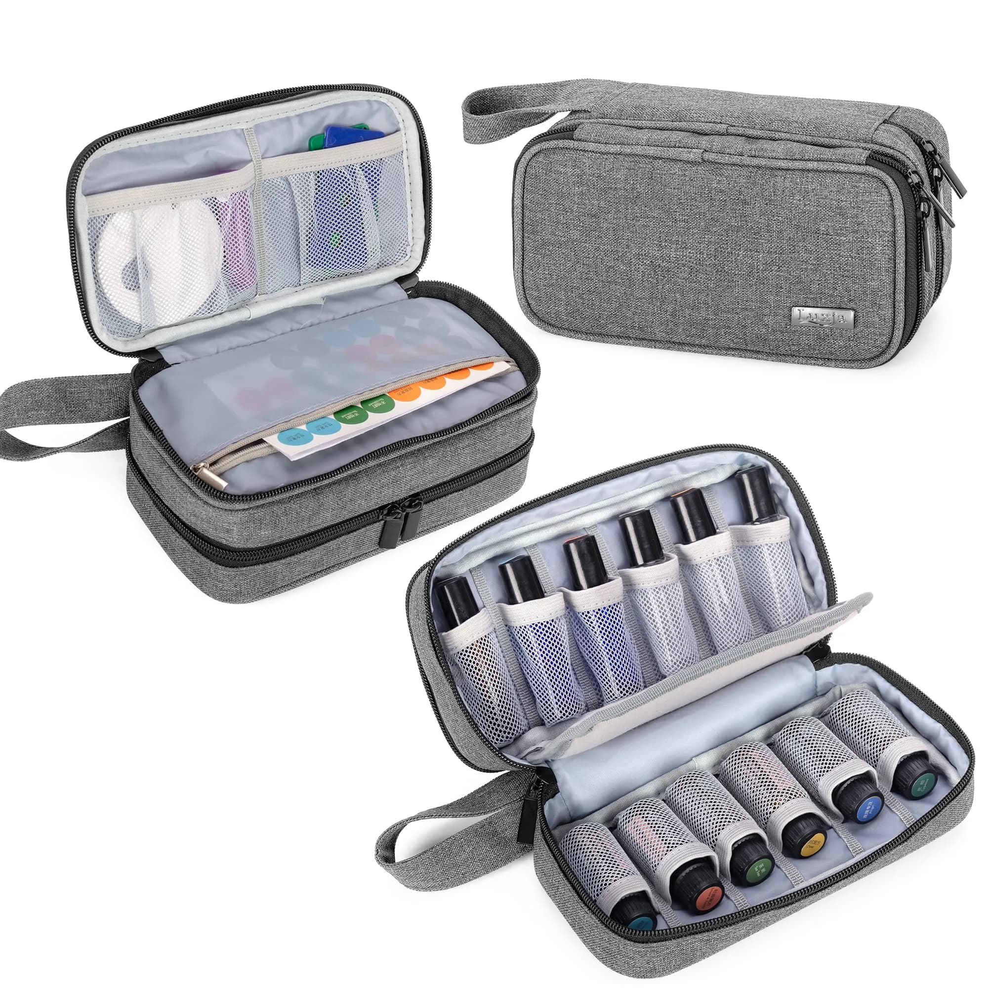 LUXJA Double-Layer Essential Oil Case Holds 12 Bottles, Gray | Portable Travel Organizer for Oils