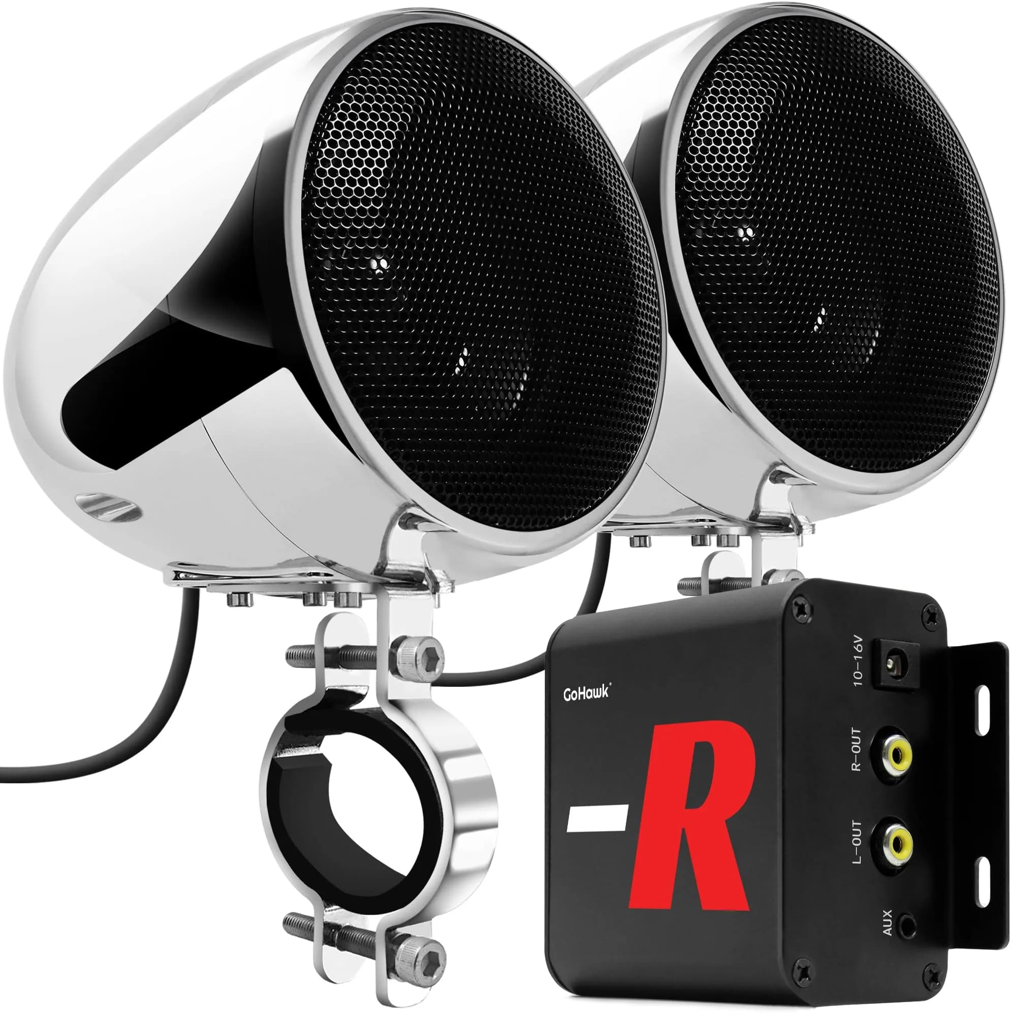 GoHawk Motorcycle Speakers Bluetooth 4 Inch Waterproof Radio Audio System | 100W Waterproof Handlebar Speakers — Chrome