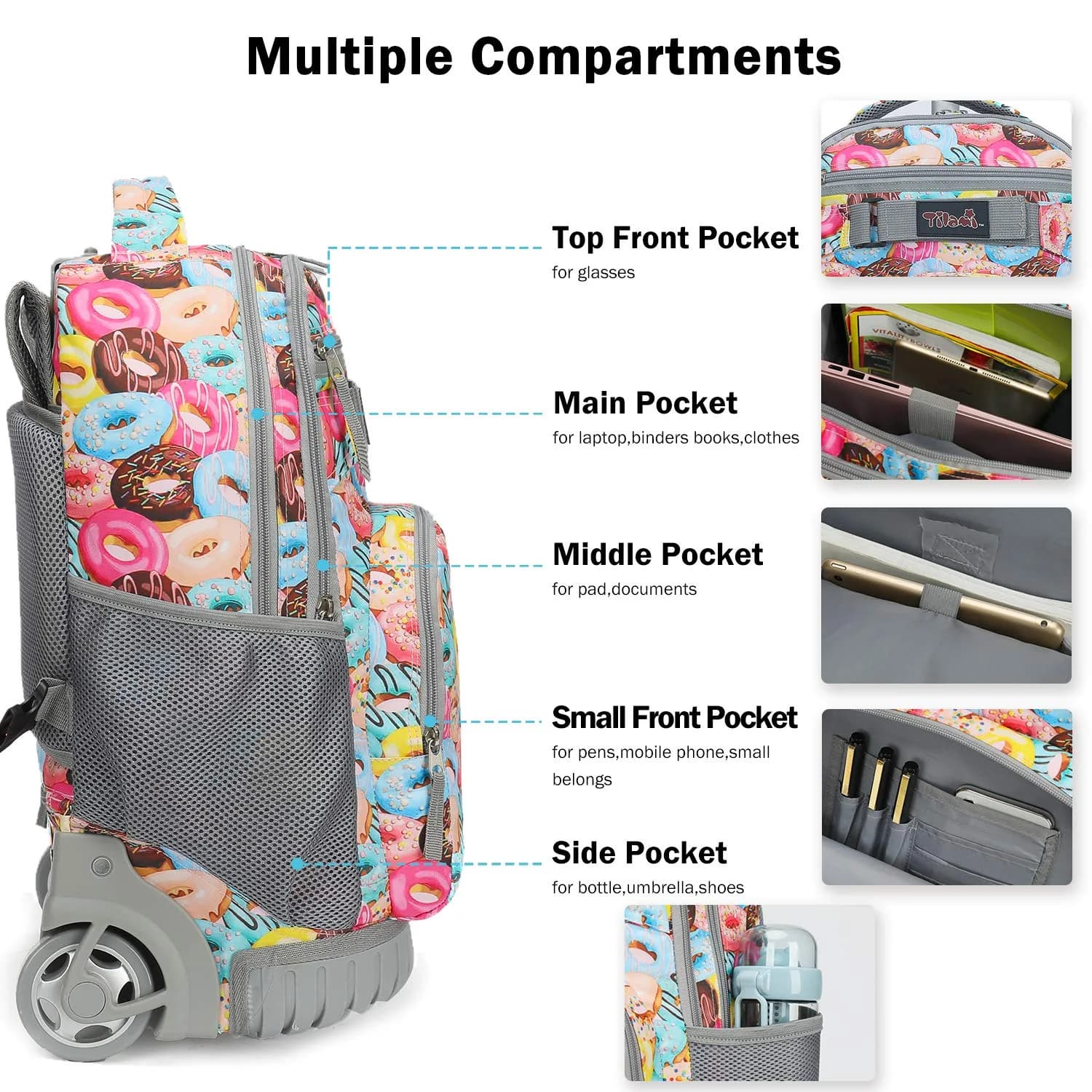 Tilami Rolling Backpack 18.92" (48cm) | Wheeled School & Travel Bag with Laptop Compartment - view 4