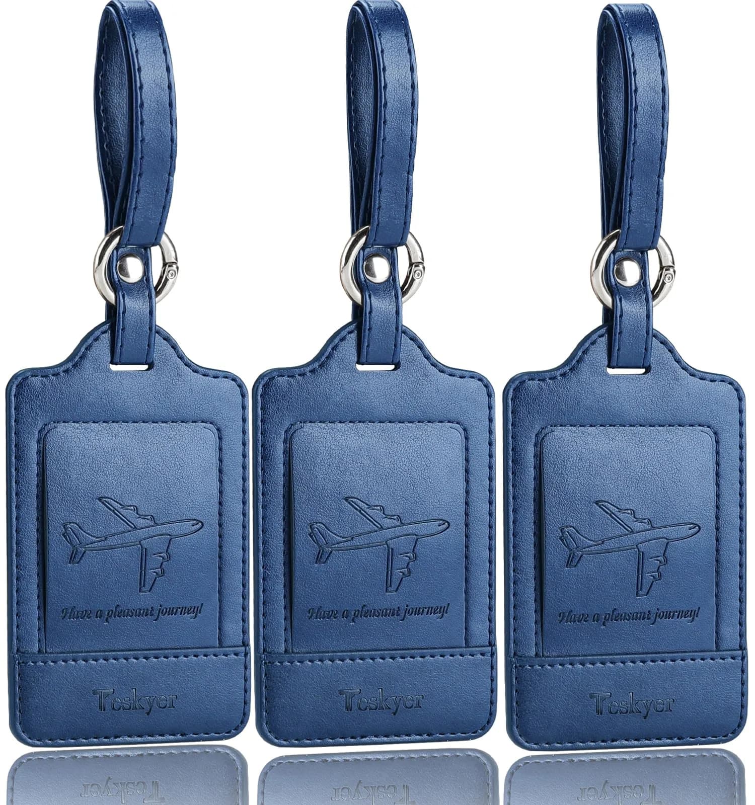 Teskyer Leather Luggage Tags for Suitcases, 3 Pack, Blue | Quick-Attach Spring Ring, Privacy Flap Design
