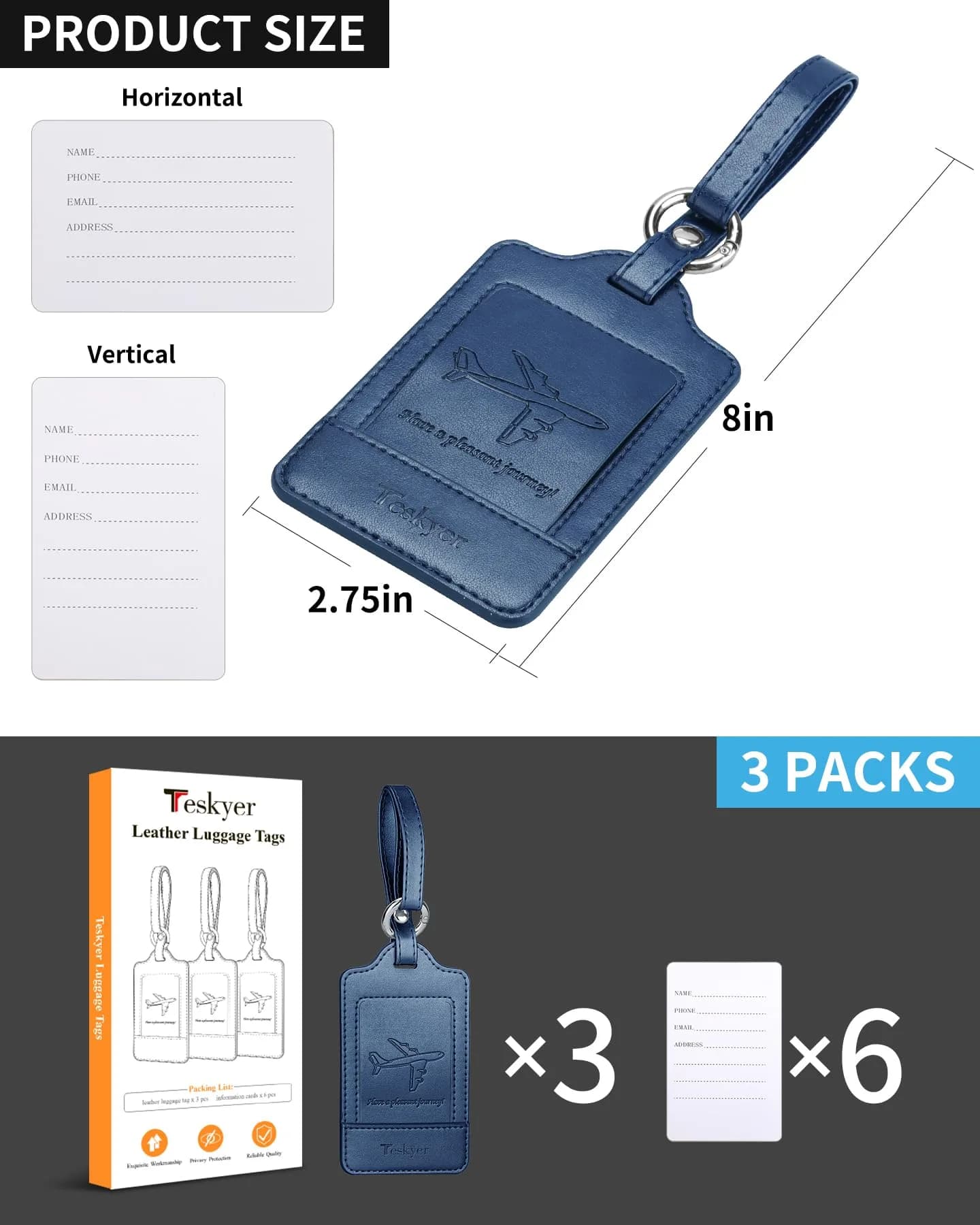 Teskyer Leather Luggage Tags for Suitcases, 3 Pack, Blue | Quick-Attach Spring Ring, Privacy Flap Design - view 6