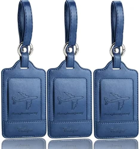 Teskyer Leather Luggage Tags for Suitcases, 3 Pack, Blue | Quick-Attach Spring Ring, Privacy Flap Design thumbnail 1