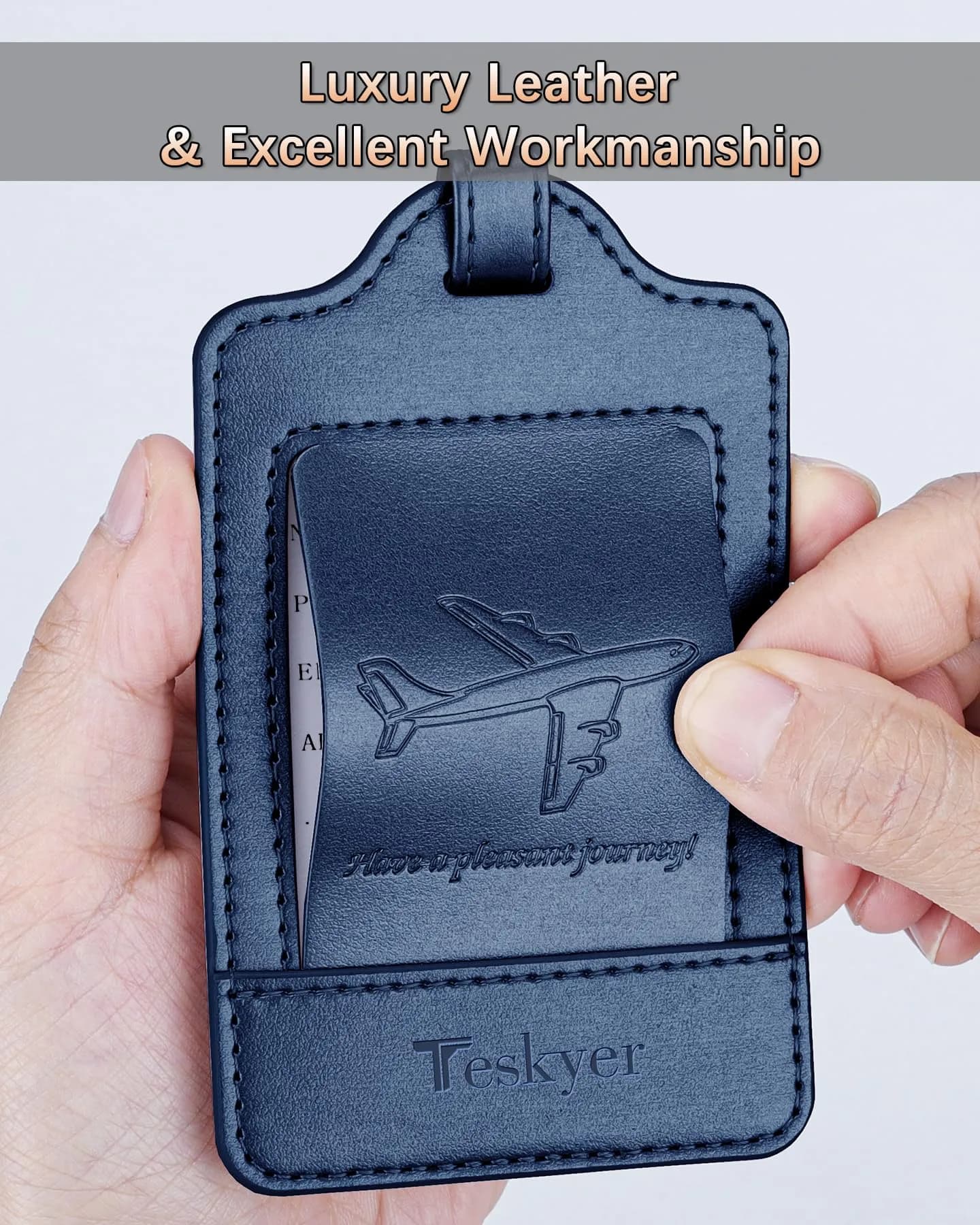 Teskyer Leather Luggage Tags for Suitcases, 3 Pack, Blue | Quick-Attach Spring Ring, Privacy Flap Design - view 8