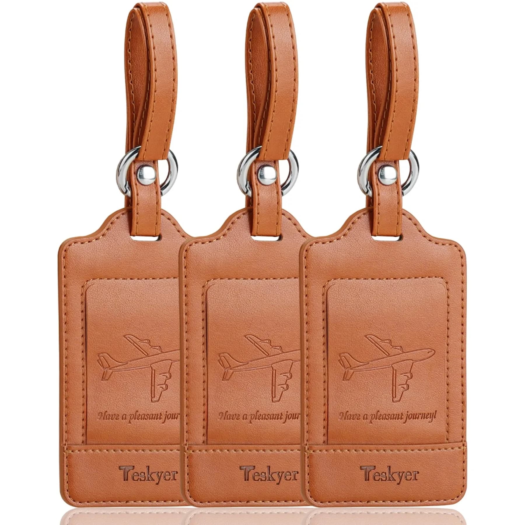Teskyer Leather Luggage Tags for Suitcases, 3 Pack, Brown | Quick-Attach Spring Ring, Privacy Flap Design - main product image