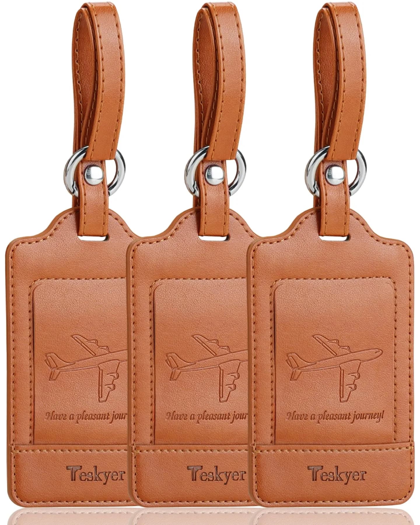 Teskyer Leather Luggage Tags for Suitcases, 3 Pack, Blue | Quick-Attach Spring Ring, Privacy Flap Design — Brown