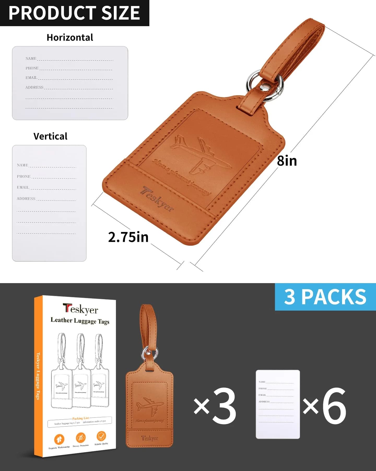 Teskyer Leather Luggage Tags for Suitcases, 3 Pack, Brown | Quick-Attach Spring Ring, Privacy Flap Design - view 7