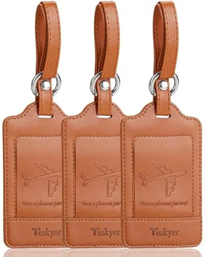 Teskyer Leather Luggage Tags for Suitcases, 3 Pack, Brown | Quick-Attach Spring Ring, Privacy Flap Design thumbnail 1