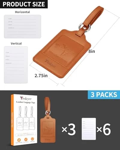 Teskyer Leather Luggage Tags for Suitcases, 3 Pack, Brown | Quick-Attach Spring Ring, Privacy Flap Design thumbnail 7