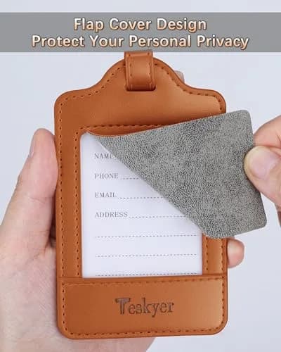 Teskyer Leather Luggage Tags for Suitcases, 3 Pack, Brown | Quick-Attach Spring Ring, Privacy Flap Design thumbnail 2