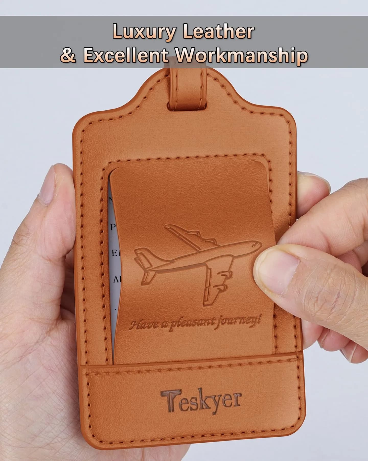 Teskyer Leather Luggage Tags for Suitcases, 3 Pack, Brown | Quick-Attach Spring Ring, Privacy Flap Design - view 3