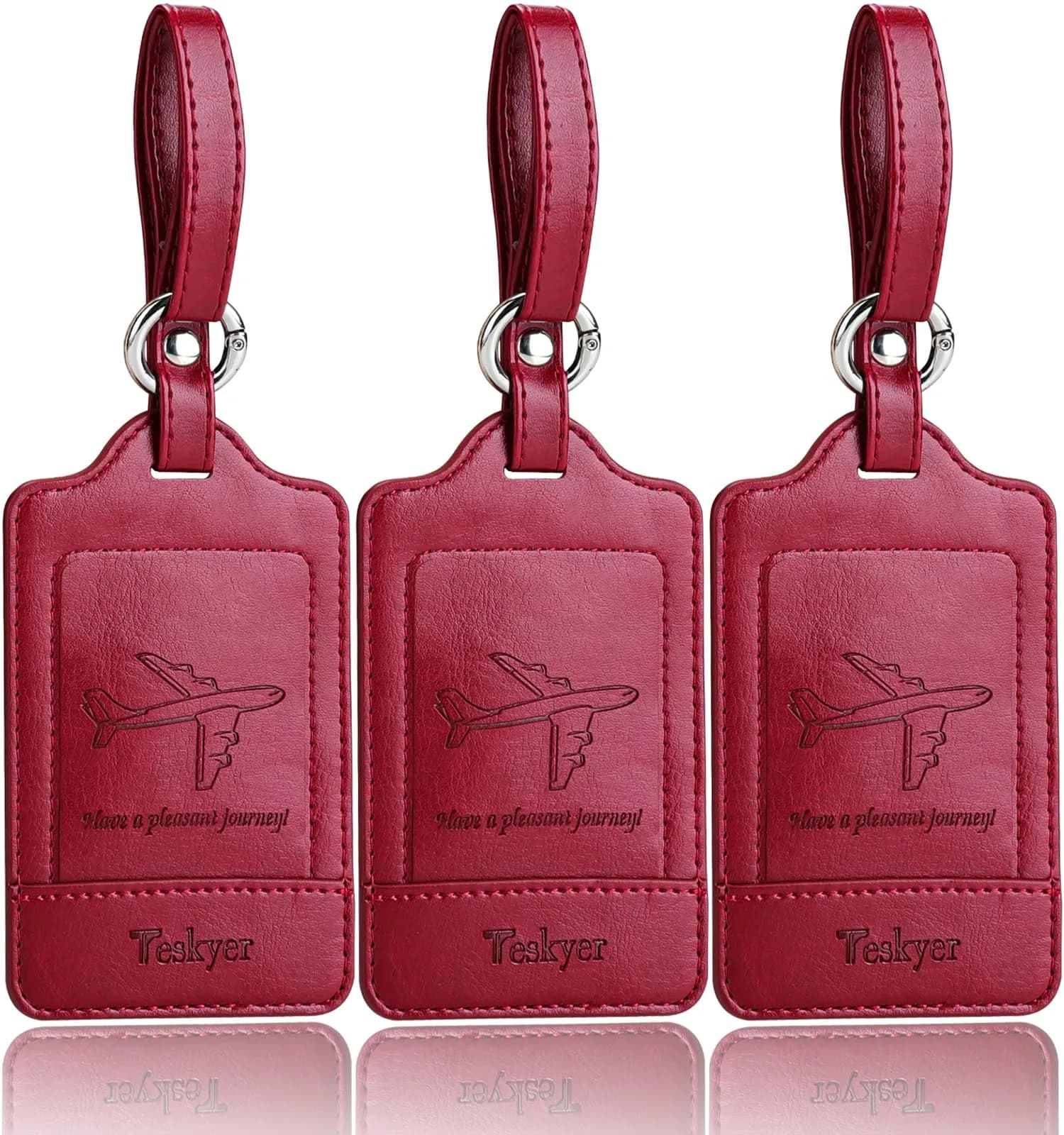 Teskyer Leather Luggage Tags for Suitcases, 3 Pack, Red | Quick-Attach Spring Ring, Privacy Flap Design - main product image