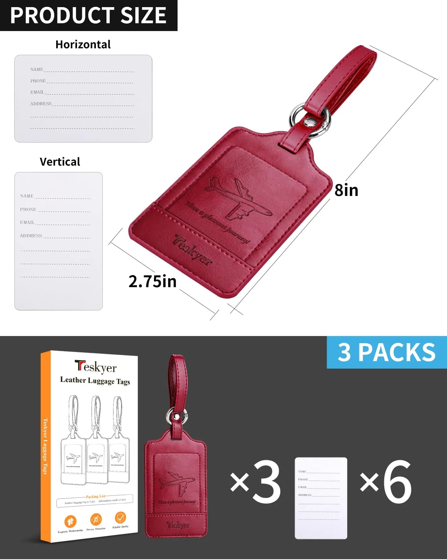 Teskyer Leather Luggage Tags for Suitcases, 3 Pack, Red | Quick-Attach Spring Ring, Privacy Flap Design - view 7