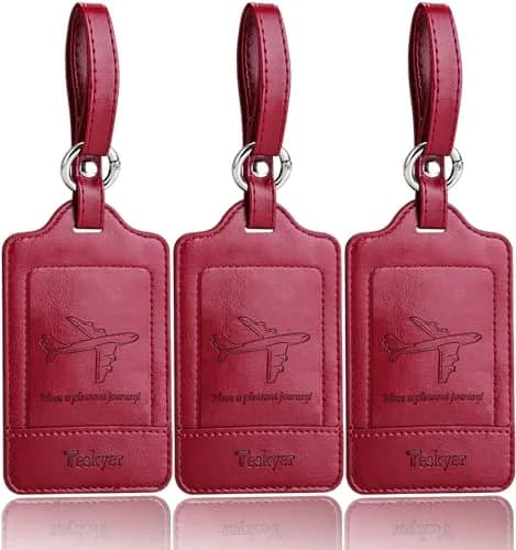 Teskyer Leather Luggage Tags for Suitcases, 3 Pack, Red | Quick-Attach Spring Ring, Privacy Flap Design thumbnail 1