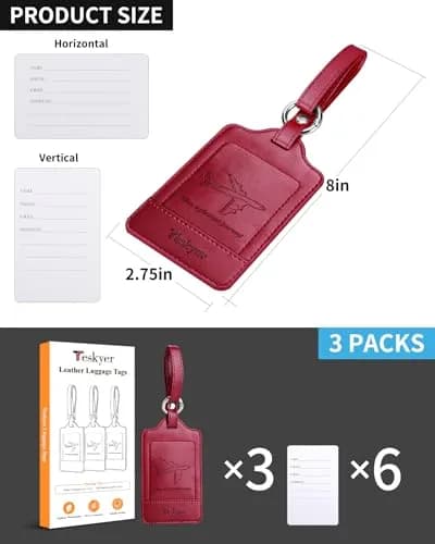 Teskyer Leather Luggage Tags for Suitcases, 3 Pack, Red | Quick-Attach Spring Ring, Privacy Flap Design thumbnail 7