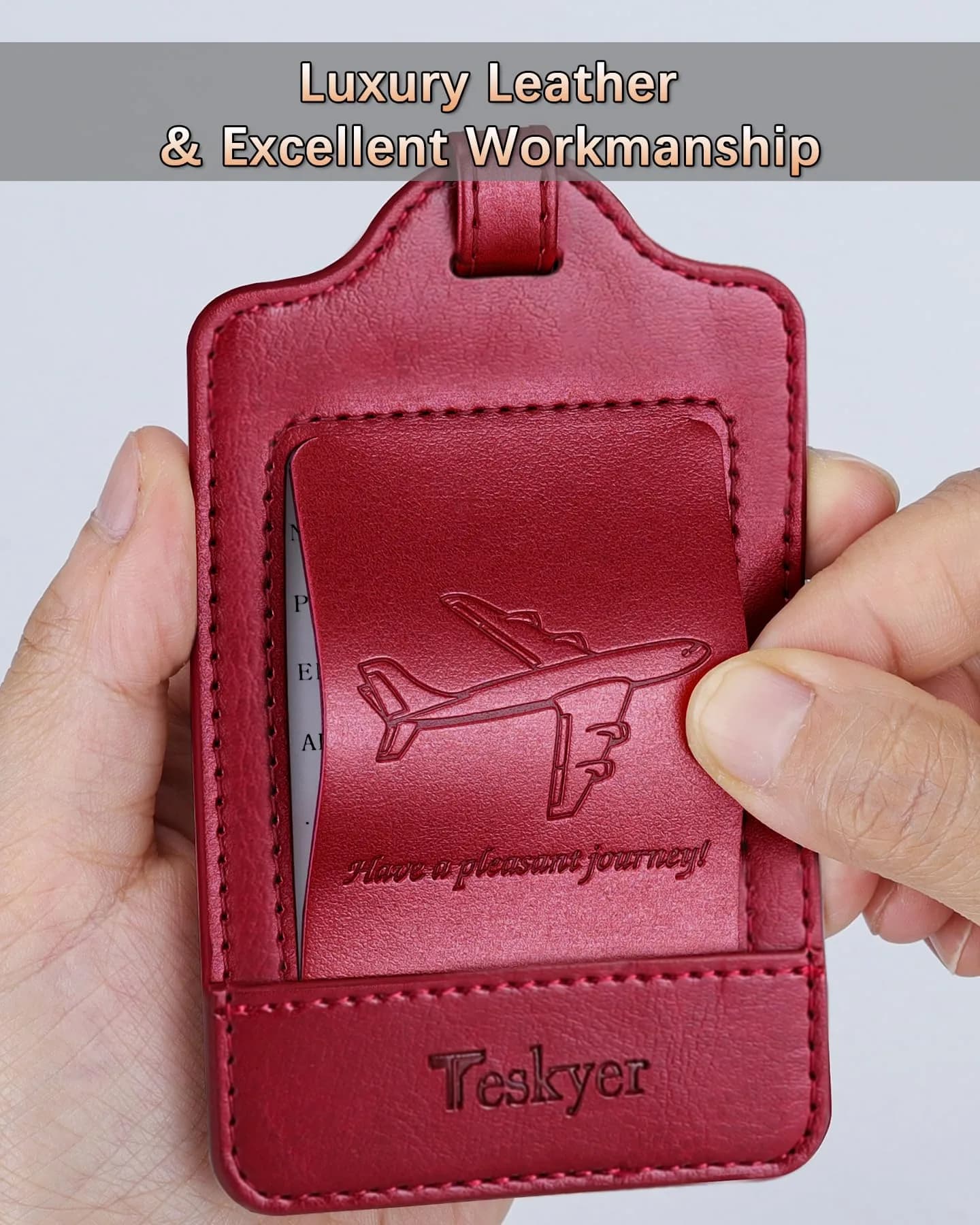 Teskyer Leather Luggage Tags for Suitcases, 3 Pack, Red | Quick-Attach Spring Ring, Privacy Flap Design - view 3