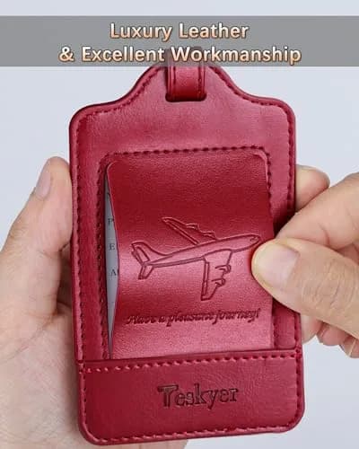 Teskyer Leather Luggage Tags for Suitcases, 3 Pack, Red | Quick-Attach Spring Ring, Privacy Flap Design thumbnail 3