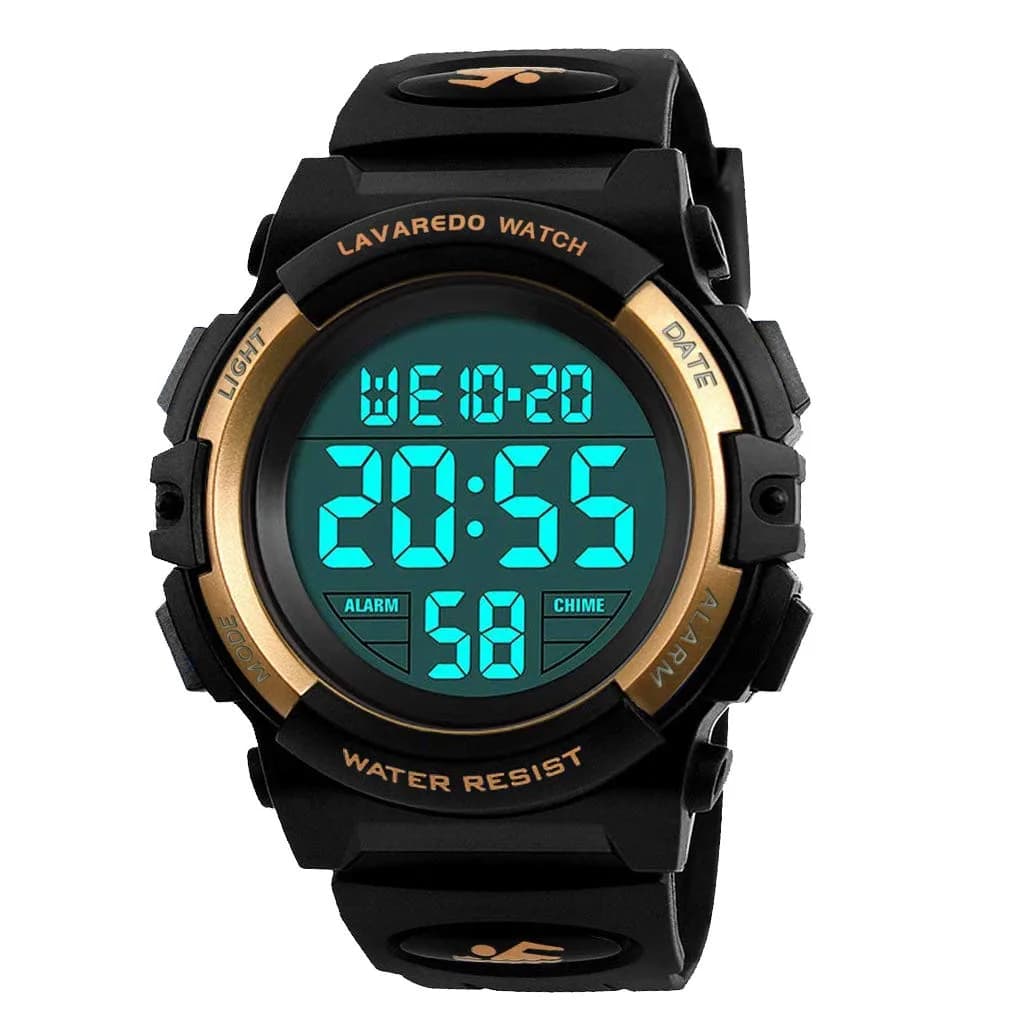 A ALPS Boys Digital Sports Watch, 50M Waterproof, LED Backlight, Quartz Movement, Blue/Red/Green Silicone Band, 43mm Case, 18mm Band Width — 03-Gold