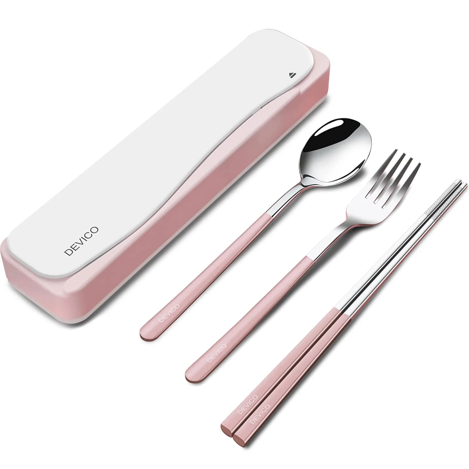 DEVICO Travel Utensils with Case | 4Pcs Portable Silverware Set for Camping, School, Lunch | 18/8 Stainless Steel, Pink — Pink