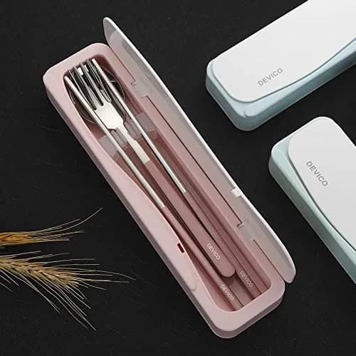 DEVICO Travel Utensils with Case | 4Pcs Portable Silverware Set for Camping, School, Lunch | 18/8 Stainless Steel, Pink thumbnail 5