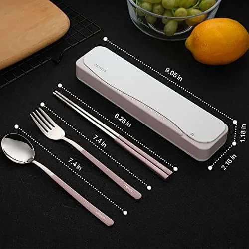 DEVICO Travel Utensils with Case | 4Pcs Portable Silverware Set for Camping, School, Lunch | 18/8 Stainless Steel, Pink thumbnail 3