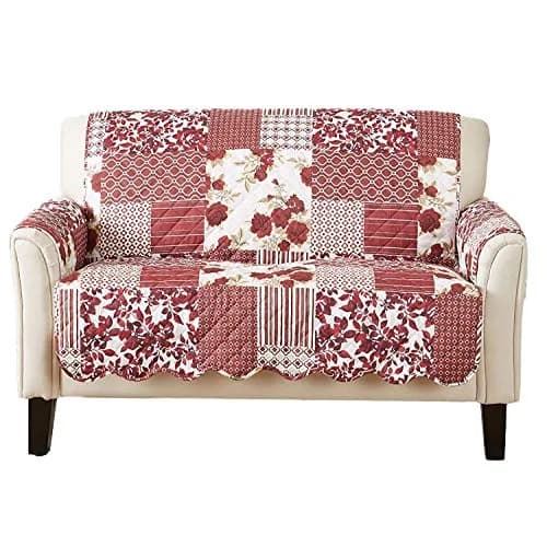 Great Bay Home Reversible Floral Patchwork Loveseat Cover, Burgundy | Cottage Charm & Easy Fit thumbnail 1