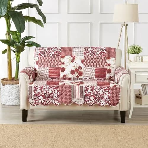 Great Bay Home Reversible Floral Patchwork Loveseat Cover, Burgundy | Cottage Charm & Easy Fit thumbnail 2