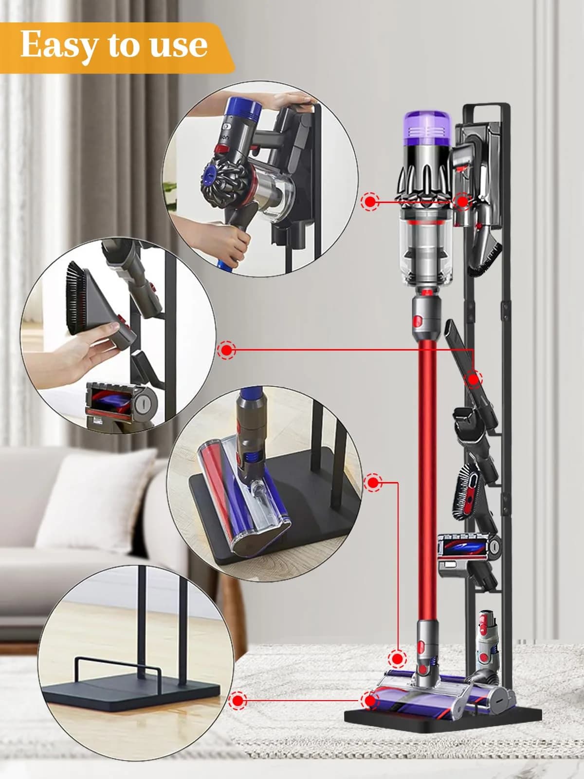 Haturi Black Metal Vacuum Stand Holder for Dyson V15-V6 & DC Series | 127cm H x 22cm L x 29cm D - view 6