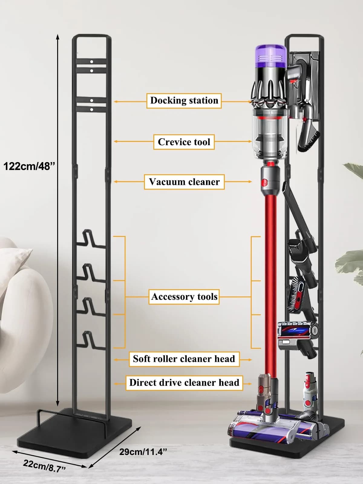 Haturi Black Metal Vacuum Stand Holder for Dyson V15-V6 & DC Series | 127cm H x 22cm L x 29cm D - view 7