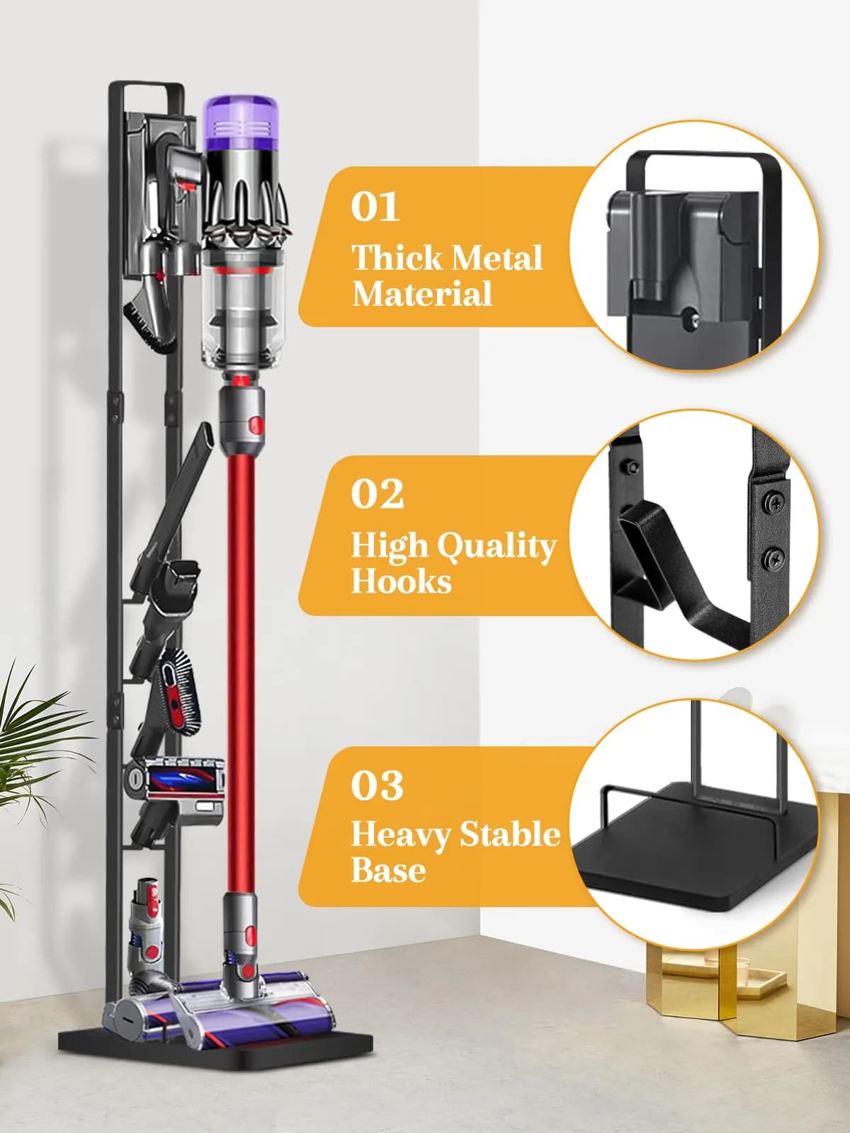 Haturi Black Metal Vacuum Stand Holder for Dyson V15-V6 & DC Series | 127cm H x 22cm L x 29cm D - view 3