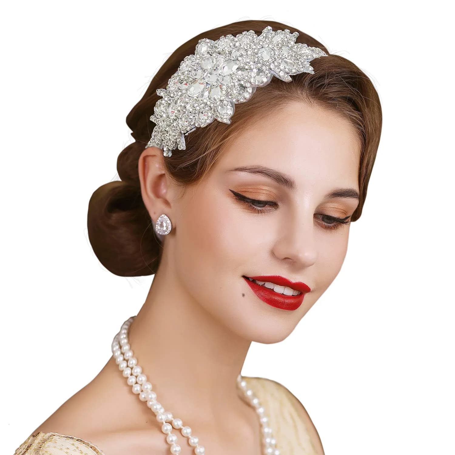 SWEETV Rhinestone Flapper Headband-Elastic 1920s Headpiece, Great Gatsby Hair Accessories for Women | Vintage Rhinestone Headband for Women — Silver