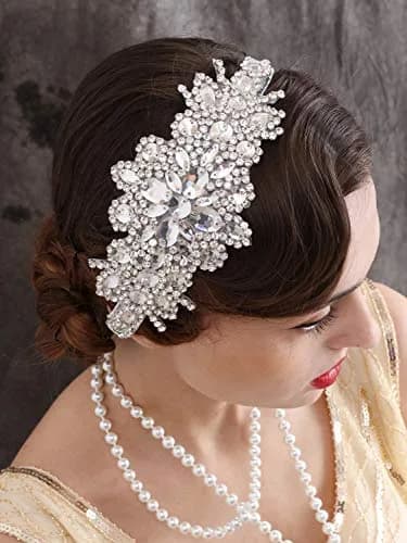 SWEETV Rhinestone Flapper Headband-Elastic 1920s Headpiece, Great Gatsby Hair Accessories for Women | Vintage Rhinestone Headband for Women thumbnail 4