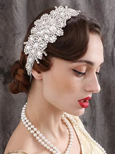 SWEETV Rhinestone Flapper Headband-Elastic 1920s Headpiece, Great Gatsby Hair Accessories for Women | Vintage Rhinestone Headband for Women thumbnail 2