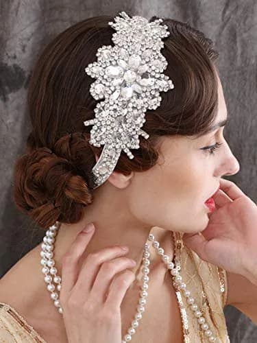 SWEETV Rhinestone Flapper Headband-Elastic 1920s Headpiece, Great Gatsby Hair Accessories for Women | Vintage Rhinestone Headband for Women thumbnail 3