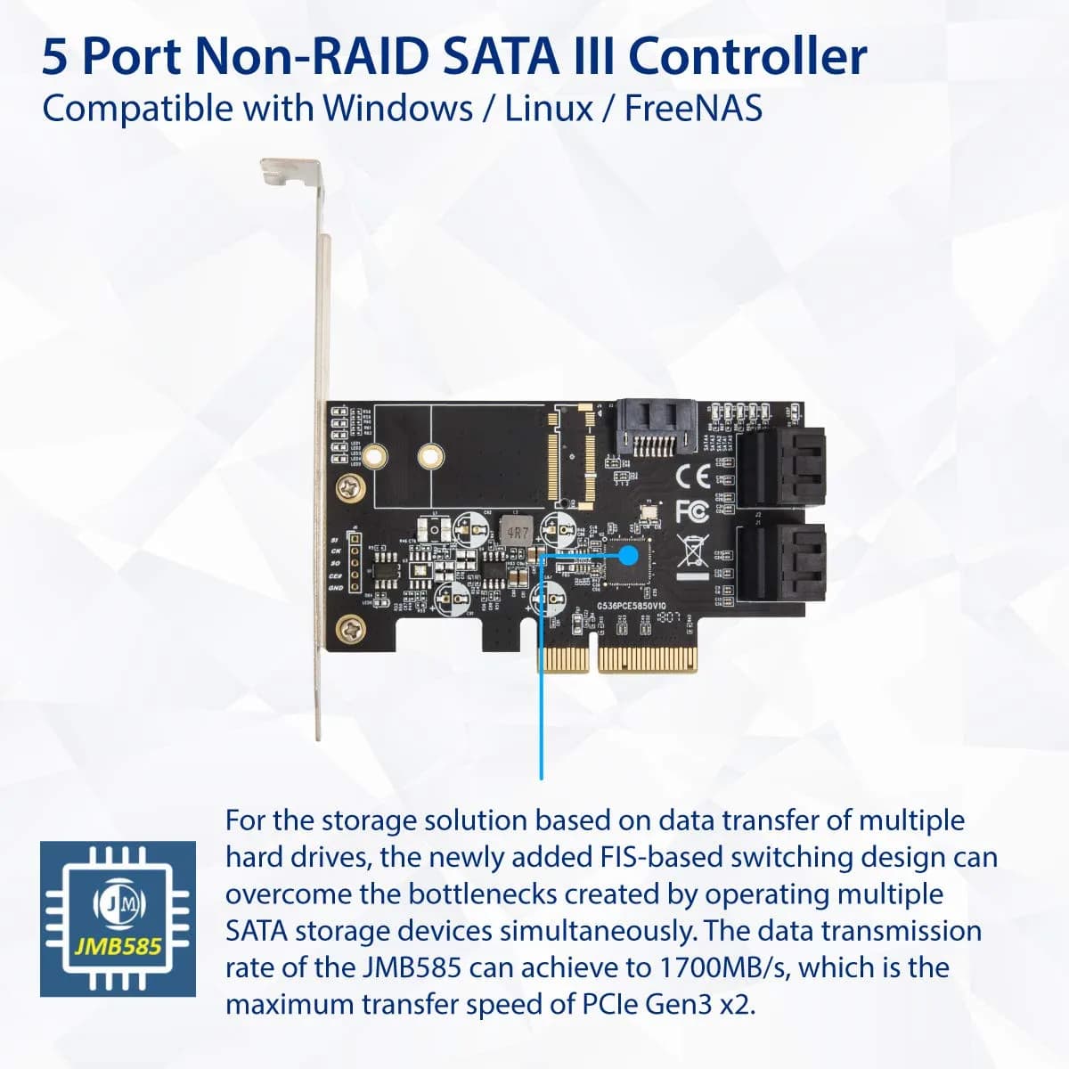 IO CREST 5 Port SATA PCIe Controller Card with JMB585 Chipset - SI-PEX40139 - view 4