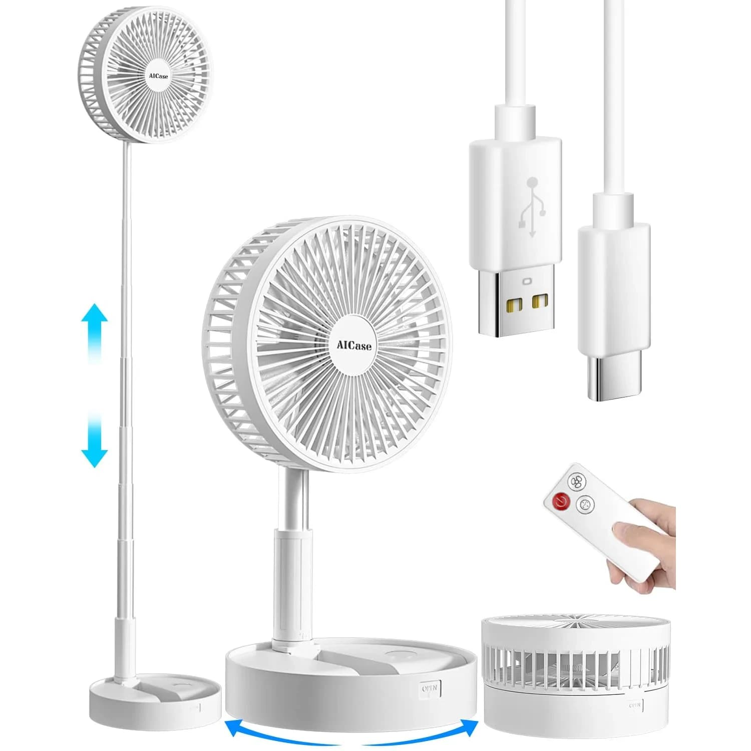 AICase Folding Portable Telescopic Floor/USB Desk Fan with 7200mAh Battery | 4 Speeds, 39.3" Height, 40dB Quiet Operation - main product image