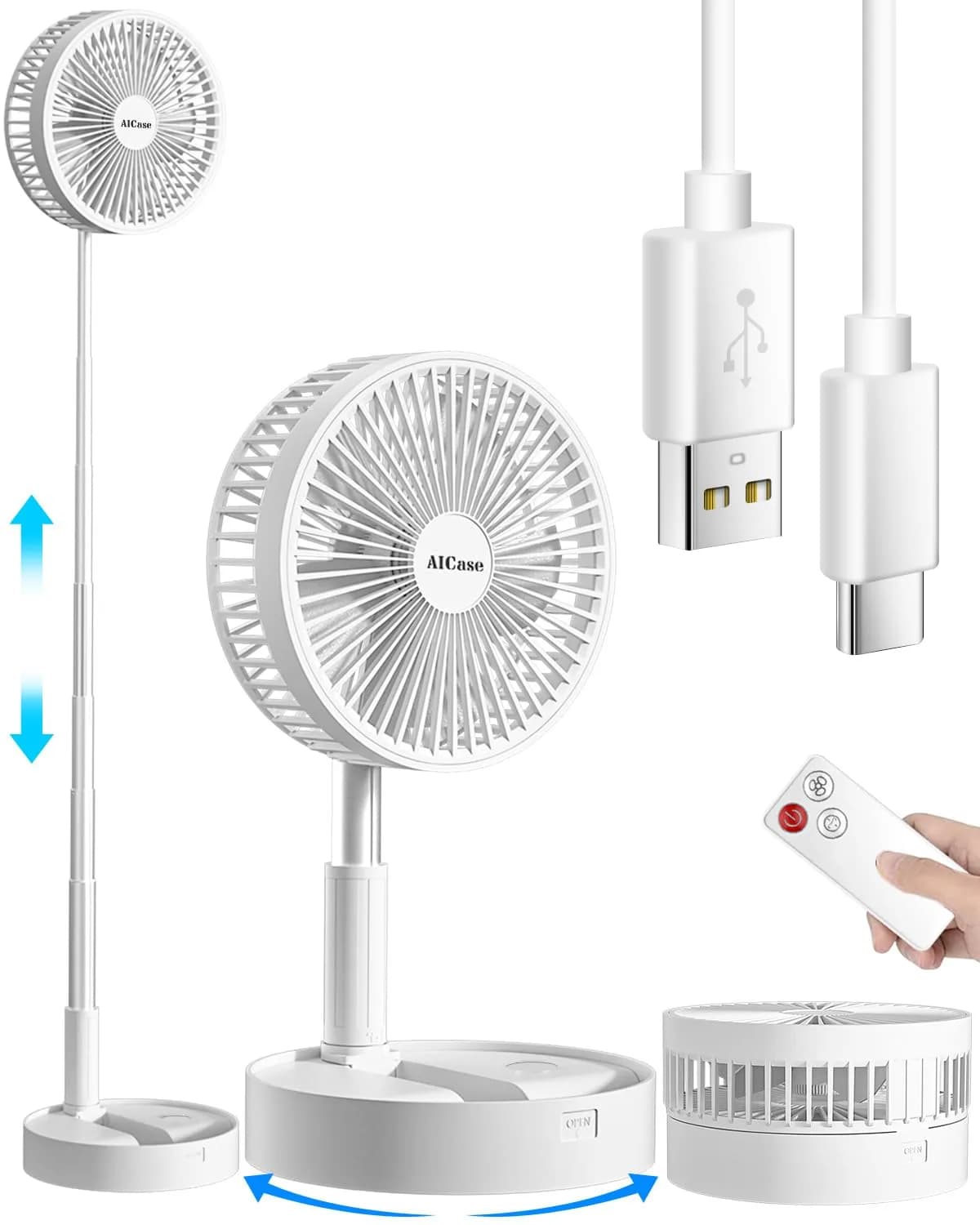 AICase Folding Portable Telescopic Floor/USB Desk Fan with 7200mAh Battery | 4 Speeds, 39.3" Height, 40dB Quiet Operation - main product image