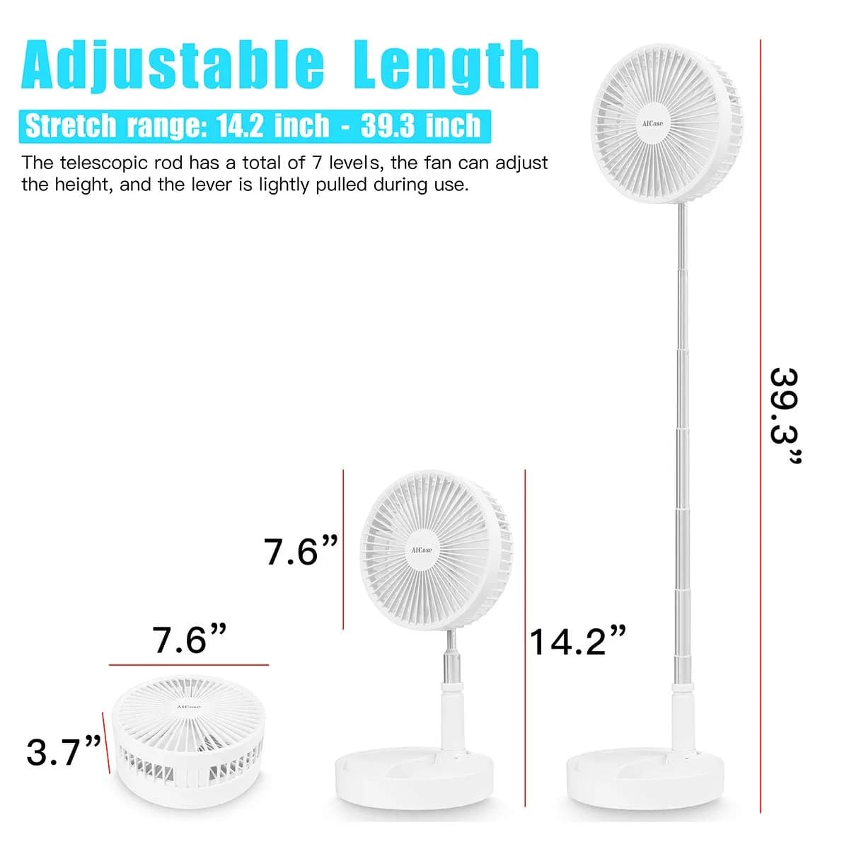 AICase Folding Portable Telescopic Floor/USB Desk Fan with 7200mAh Battery | 4 Speeds, 39.3" Height, 40dB Quiet Operation - view 7
