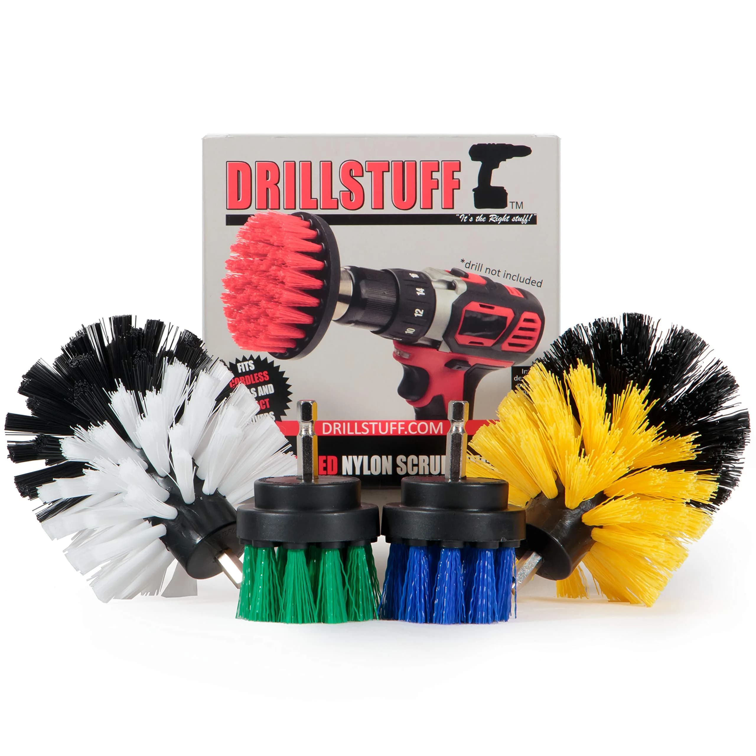 Drillstuff Cleaning Brushes for Cordless Drill | 4-Piece Power Scrubber Kit for Home & Auto (Small Round, 2-3.5 inch) — Blue / Green / White / Yellow
