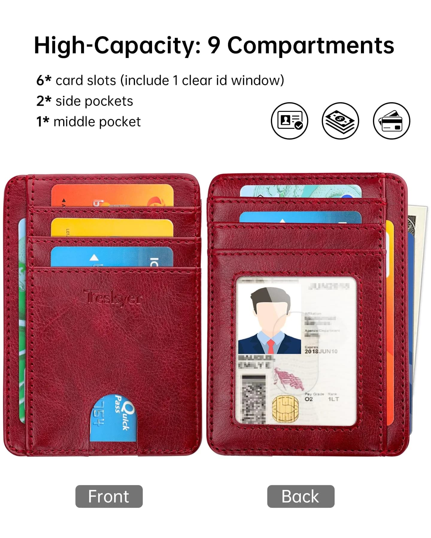 Teskyer Slim Minimalist Wallet for Men, RFID Credit Card Holder, Wine Red | Ultra Slim Front Pocket Design, 8 Card Slots, RFID Protection - view 5