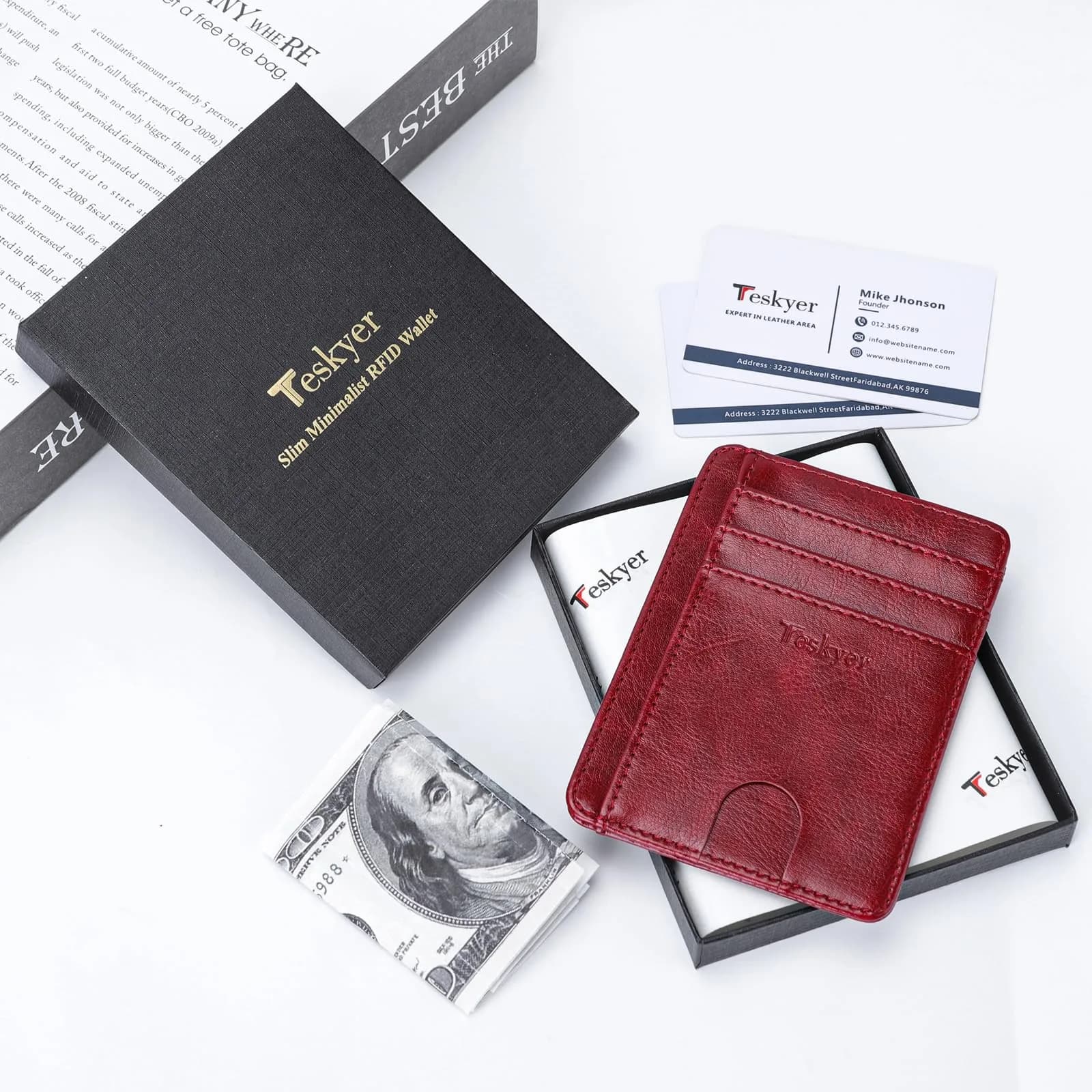 Teskyer Slim Minimalist Wallet for Men, RFID Credit Card Holder, Wine Red | Ultra Slim Front Pocket Design, 8 Card Slots, RFID Protection - view 3
