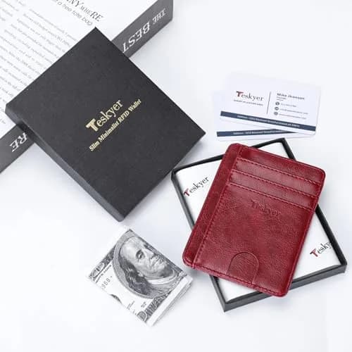 Teskyer Slim Minimalist Wallet for Men, RFID Credit Card Holder, Wine Red | Ultra Slim Front Pocket Design, 8 Card Slots, RFID Protection thumbnail 3