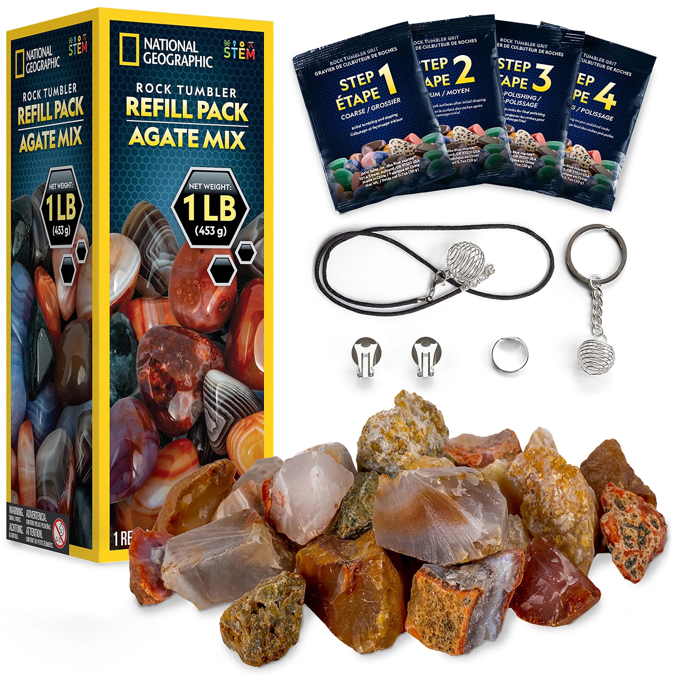 Blue Marble National Geographic Rock Tumbler Refill Kit with 1 Lb. Rough Agate | Agate Mix, All Seasons, 8oz