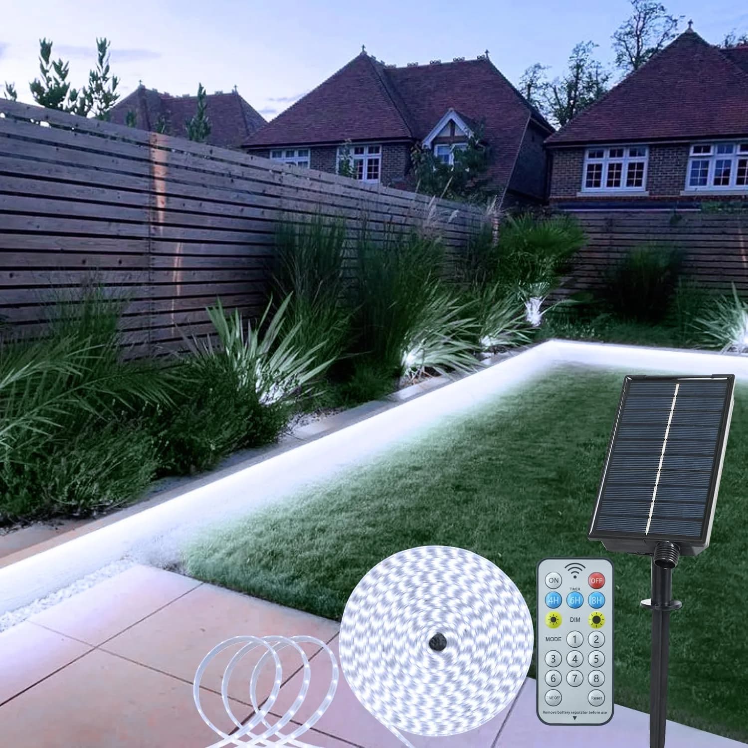 echosari White Solar Strip Lights Outdoor Waterproof 16.4Ft (5m) 320 LED with Remote & Timer | IP65 Rated for Pathways & Gardens — Cool White