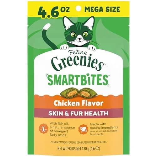 Greenies Feline Smartbites Skin & Fur Health Cat Treats, Chicken, 4.6 oz (130 g) | Vet-Designed with Omega-3s for Healthy Skin thumbnail 1