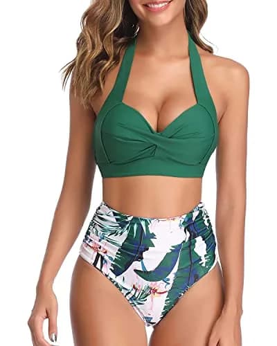 Tempt Me Women Two Piece Swimsuit High Waisted Bikini Green S | Retro Full Coverage Style thumbnail 1