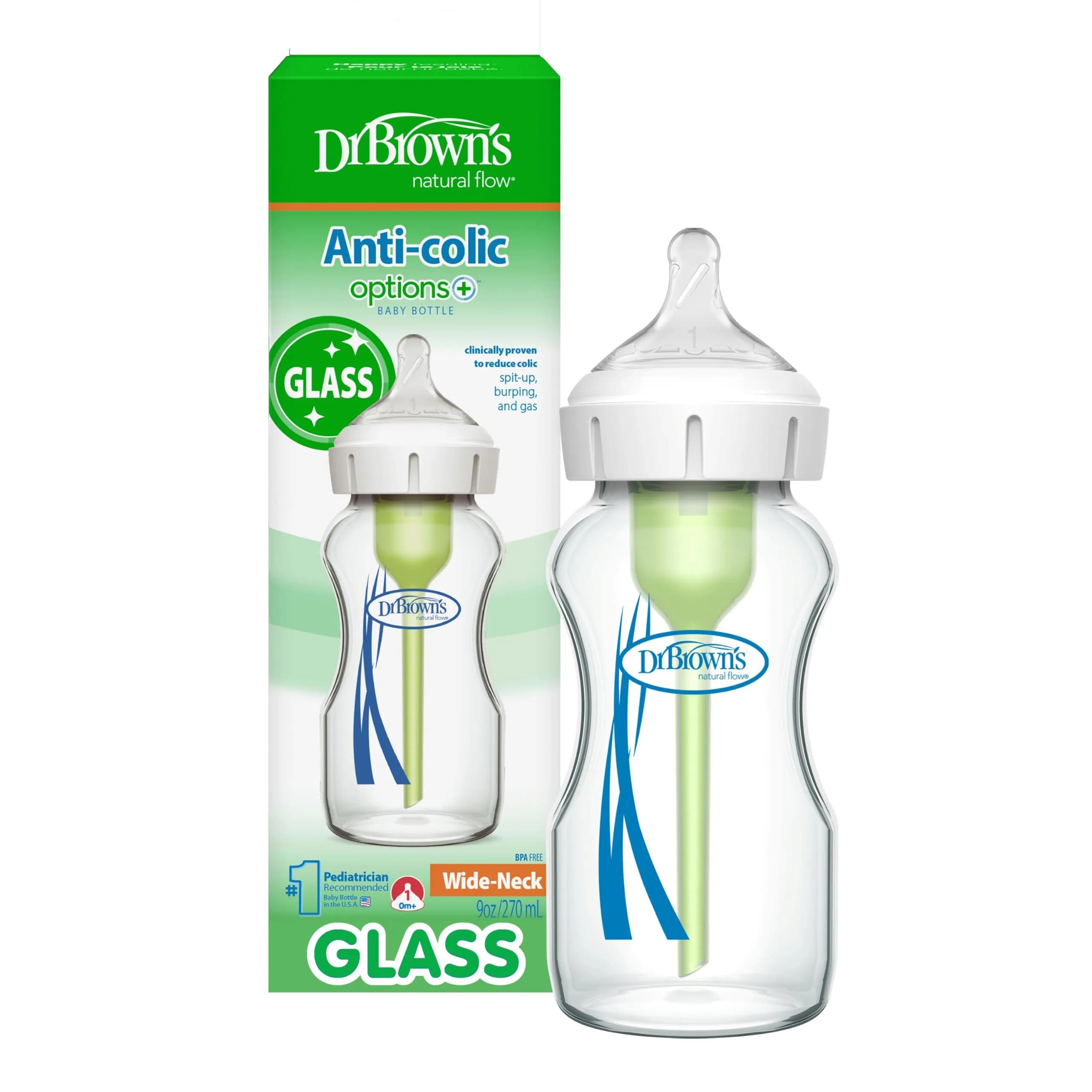 Dr. Brown's Natural Flow Options+ Wide-Neck Glass Baby Bottle 270ml (9 oz) | Clinically Proven Anti-Colic - main product image
