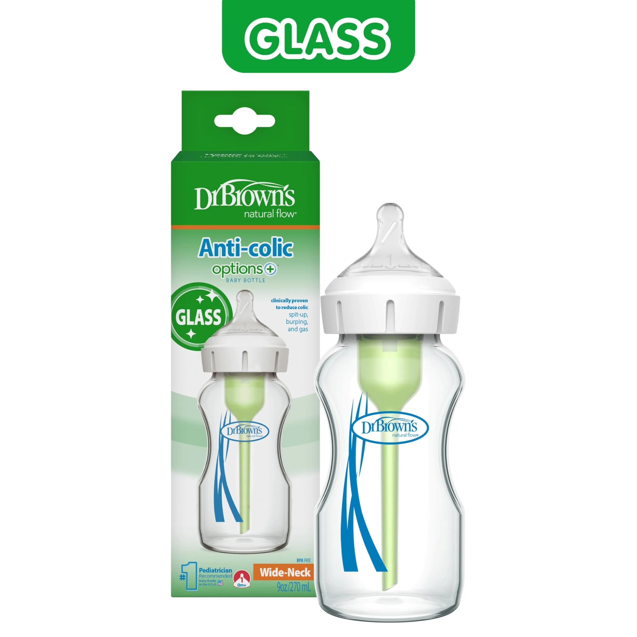 Dr. Brown's Natural Flow Options+ Wide-Neck Glass Baby Bottle 270ml (9 oz) | Clinically Proven Anti-Colic - view 9