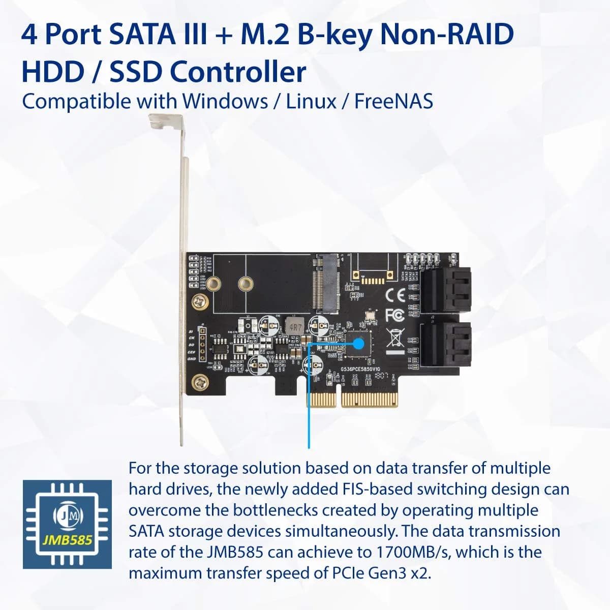 IO CREST SI-PEX40138 4-Port SATA III + M.2 B-Key PCIe x4 Controller Card | 1700MB/s Speed - view 4