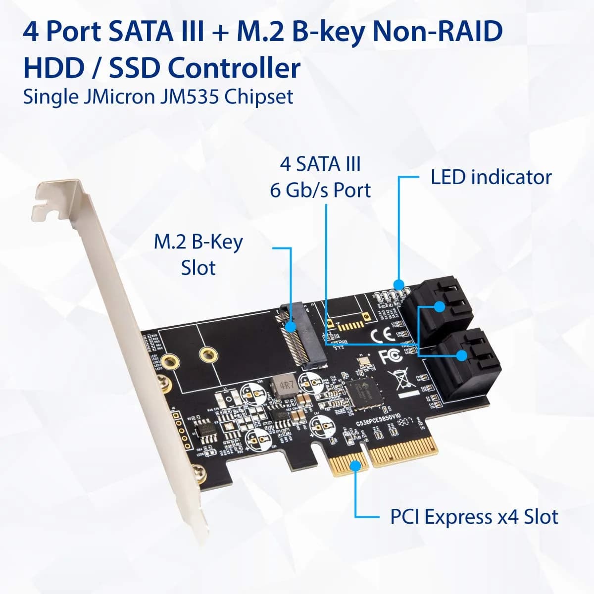 IO CREST SI-PEX40138 4-Port SATA III + M.2 B-Key PCIe x4 Controller Card | 1700MB/s Speed - view 2